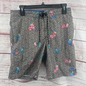 Tommy Bahama Shorts Mens Small Tiki Cocktail Hibiscus Print Swim Trunks Grey